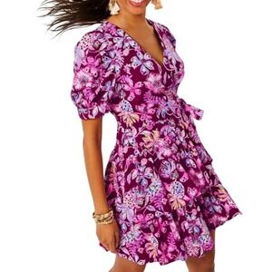 Lilly Pulitzer Alexandria Wrap Dress Size 8 Amarena Cherry Pink Cotton Ruffle